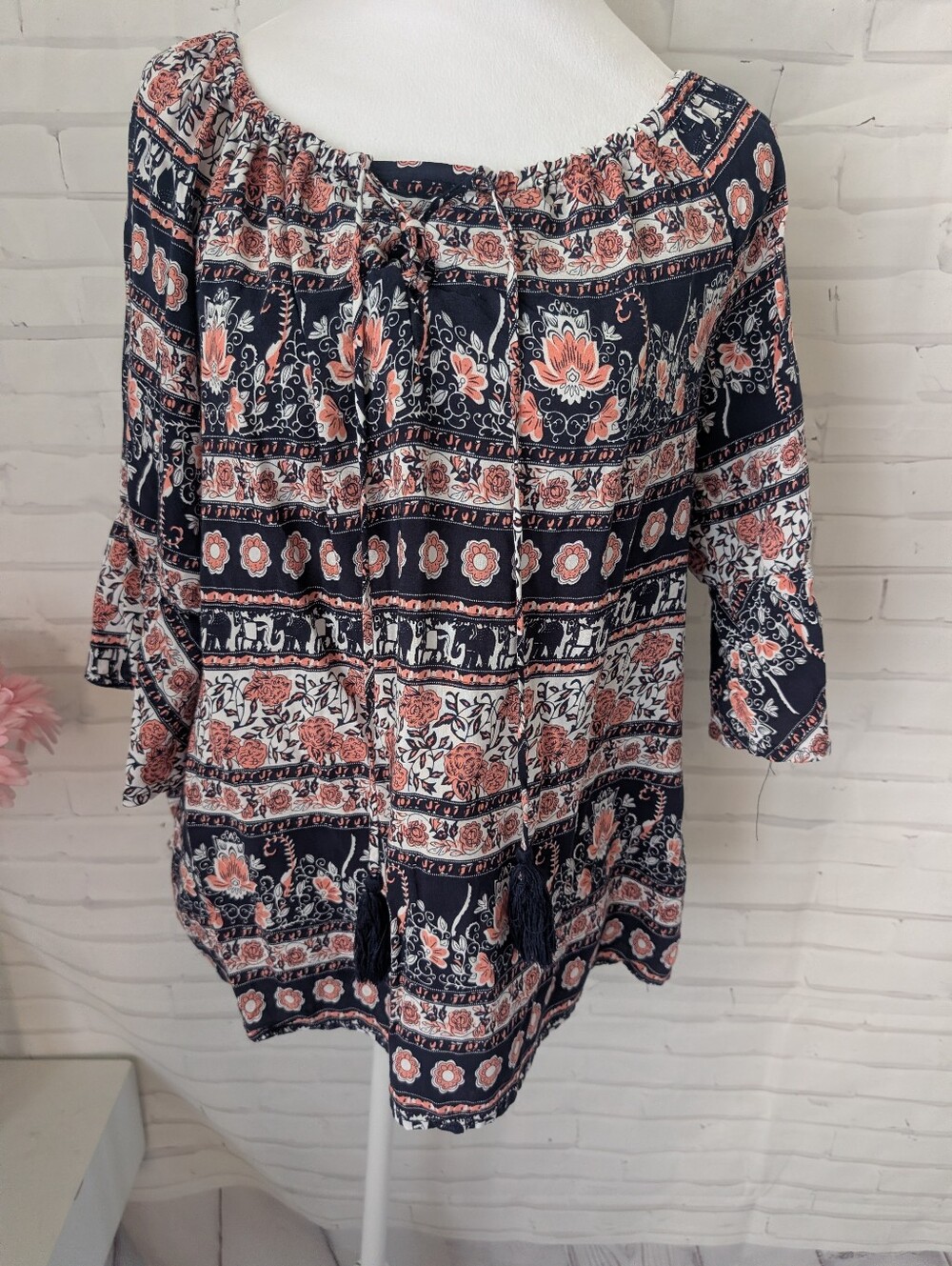 Bailey & Chloe Bohemian Navy Floral Peasant Top